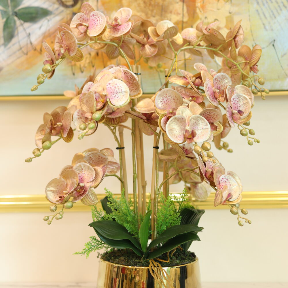 GOLDISH ORCHID 6 STALKS (GOLD & PINK BUDS WITH GOLD VASE)